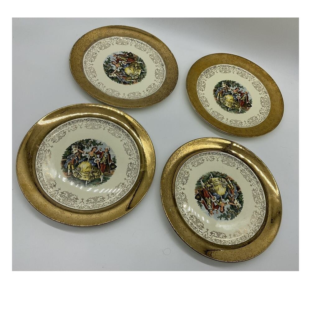 Vintage Sabin Crest-O-Gold Dinner Plates Set 4‎ Gold Courting Couple Rococo USA